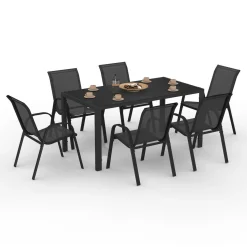 IDMarket Salon de jardin avec table 150 cm et 6 chaises empilables noir et acier* Salons De Jardin