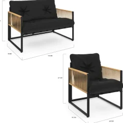 IDMarket Salon de jardin bas 6 personnes canapés et fauteuils noir et cordage effet rotin clair avec tables basses* Salons De Jardin