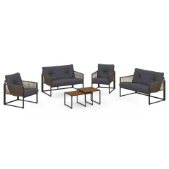 IDMarket Salon de jardin bas 6 personnes canapés et fauteuils gris anthracite et cordage effet rotin avec tables basses* Salons De Jardin