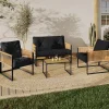 IDMarket Salon de jardin bas 4 places acier noir, cordage rotin clair et coussins noir* Salons De Jardin