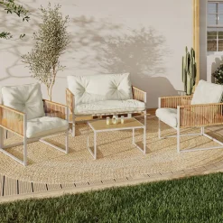 IDMarket Salon de jardin bas 4 places acier blanc, cordage rotin clair et coussins beige* Salons De Jardin
