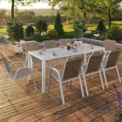 IDMarket Salon de jardin blanc et beige table 190 cm et 8 chaises empilables* Salons De Jardin