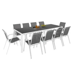 IDMarket Salon de jardin blanc et gris avec chaises empilables* Salons De Jardin