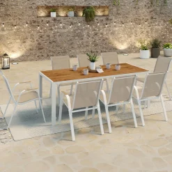 IDMarket Salon de jardin bois et blanc avec table 190 cm et 8 chaises empilables* Salons De Jardin