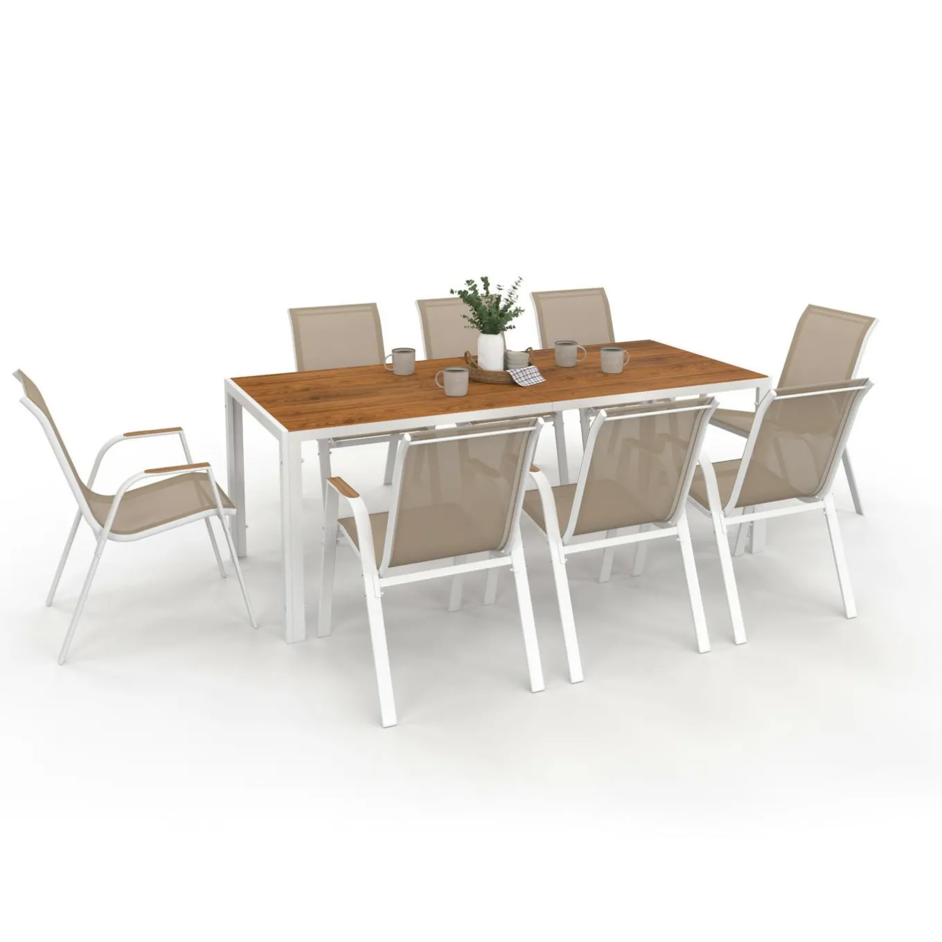 IDMarket Salon de jardin bois et blanc avec table 190 cm et 8 chaises empilables* Salons De Jardin