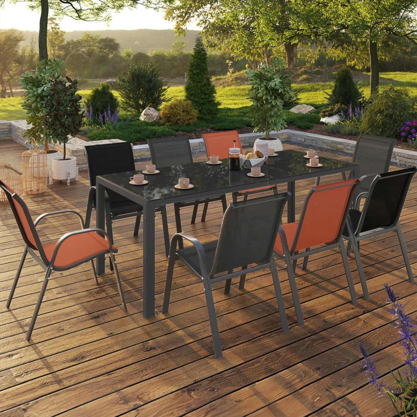 IDMarket Salon de jardin 8 chaises empilables mix color gris, noir et terracotta et table 190 cm* Salons De Jardin