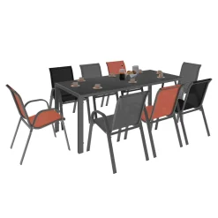 IDMarket Salon de jardin 8 chaises empilables mix color gris, noir et terracotta et table 190 cm* Salons De Jardin