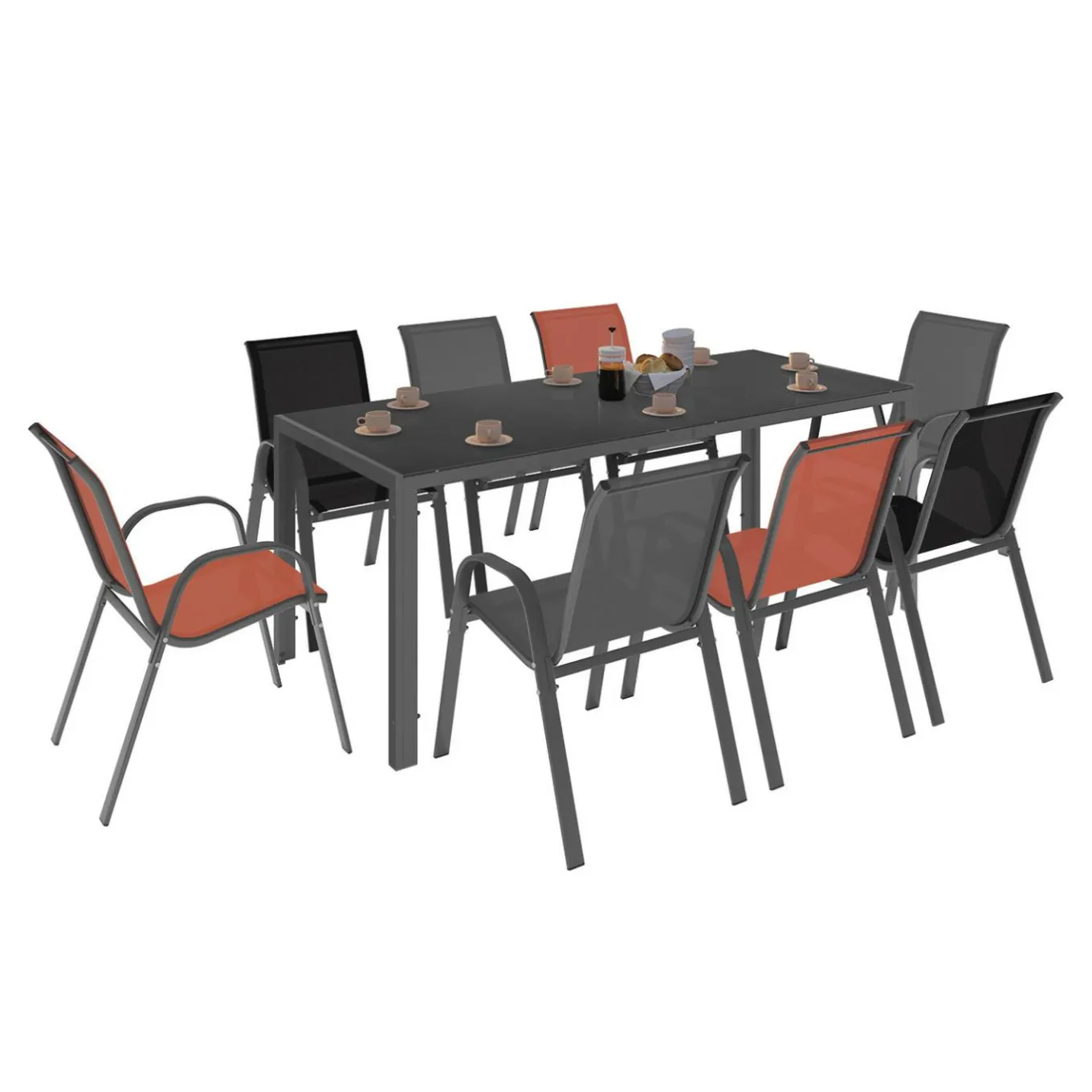 IDMarket Salon de jardin 8 chaises empilables mix color gris, noir et terracotta et table 190 cm* Salons De Jardin