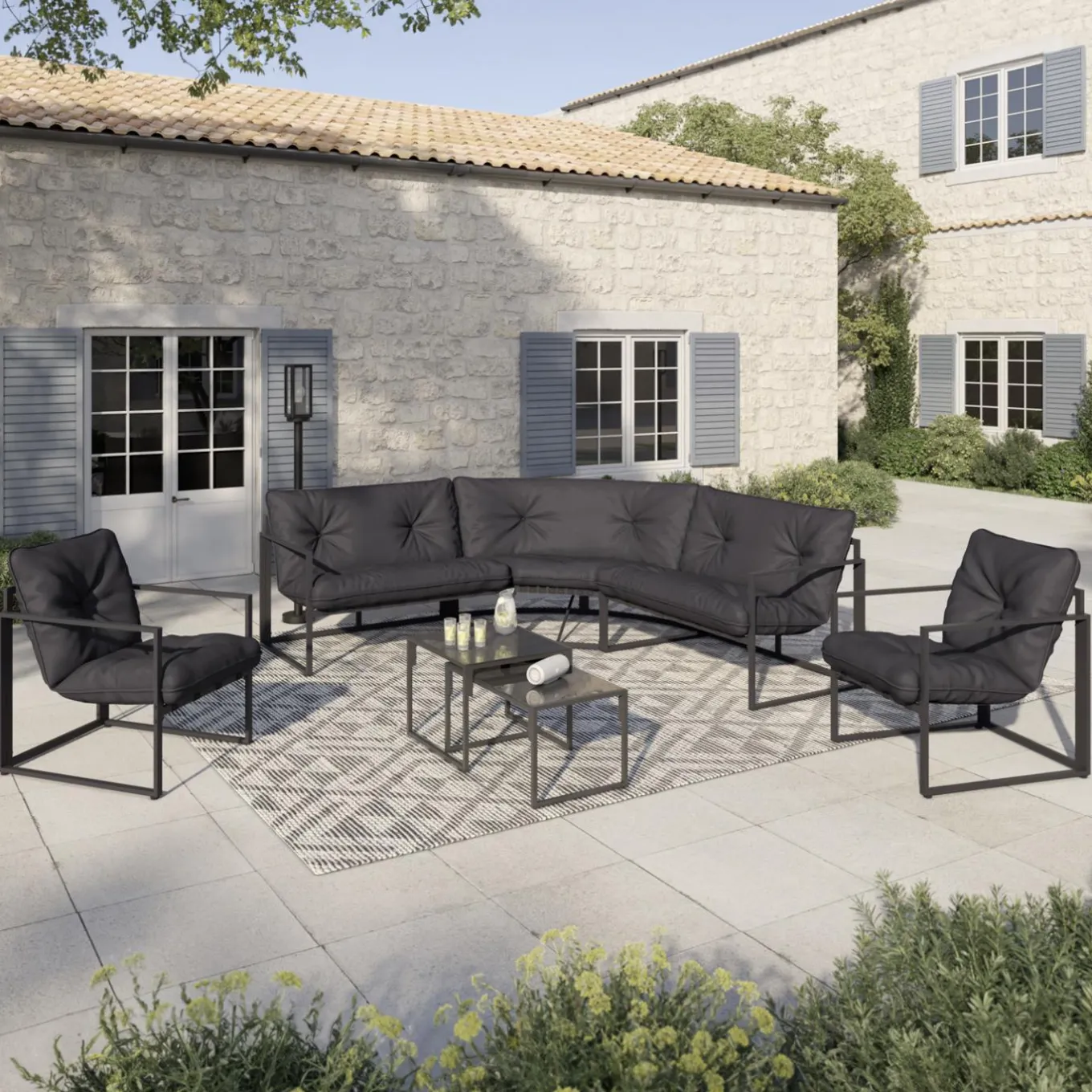 IDMarket Salon de jardin d'angle bas 8 personnes gris* Salons De Jardin