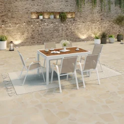 IDMarket Salon de jardin extensible 12 personnes table 135/270 cm plateau effet bois et chaises empilables blanc et bois* Salons De Jardin