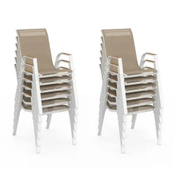 IDMarket Salon de jardin extensible 12 personnes table 135/270 cm plateau effet bois et chaises empilables blanc et bois* Salons De Jardin