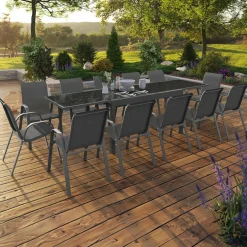 IDMarket Salon de jardin gris anthracite avec table extensible et 12 chaises* Salons De Jardin