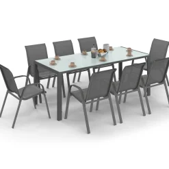 IDMarket Salon de jardin gris anthracite table 190 cm et 8 chaises empilables* Salons De Jardin