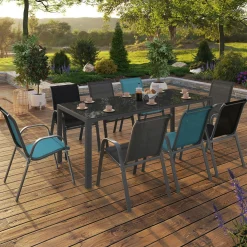 IDMarket Salon de jardin mix color bleu, gris et noir table 190 cm et 8 chaises empilables* Salons De Jardin