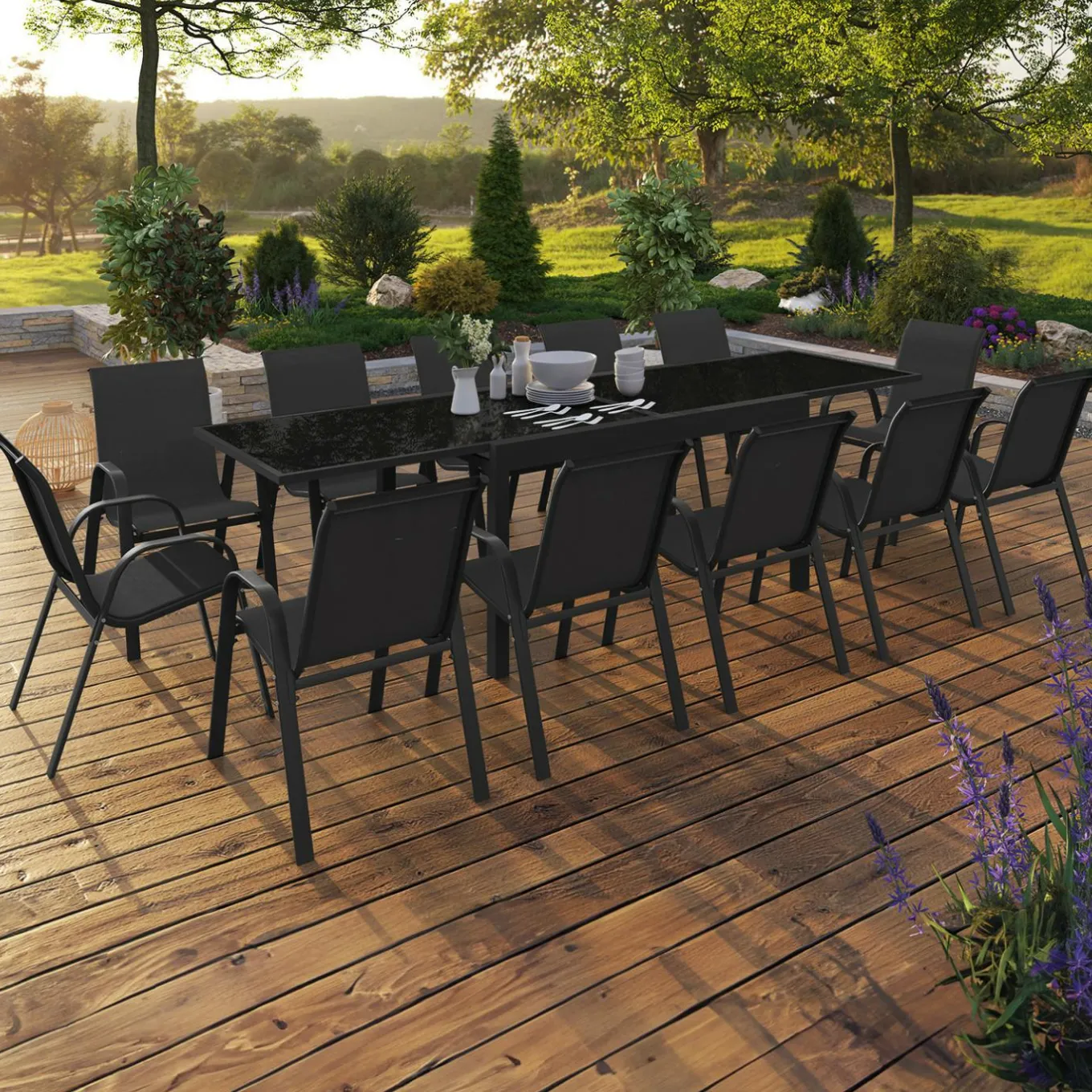 IDMarket Salon de jardin noir avec table extensible et 12 chaises empilables* Salons De Jardin