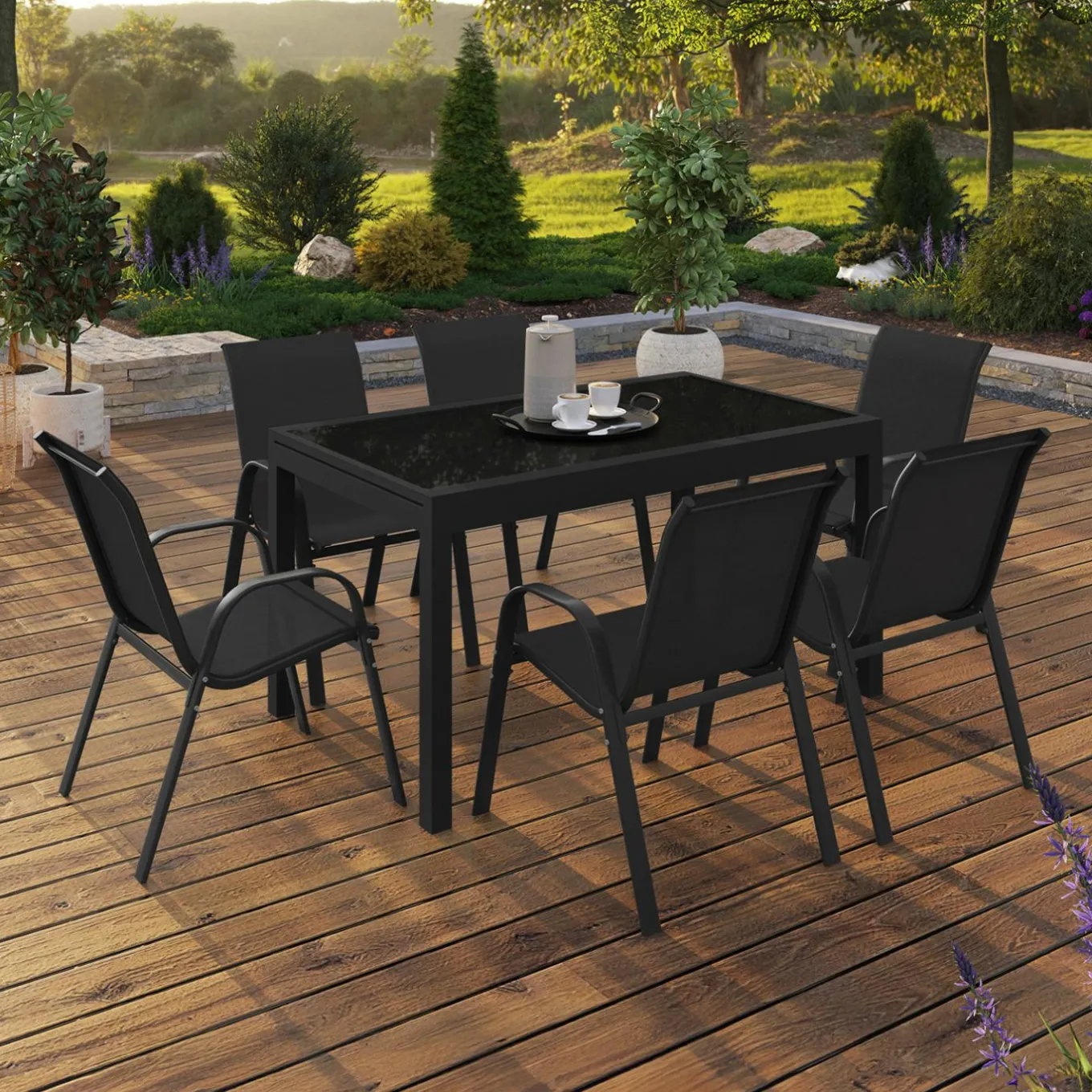 IDMarket Salon de jardin noir avec table extensible et 12 chaises empilables* Salons De Jardin