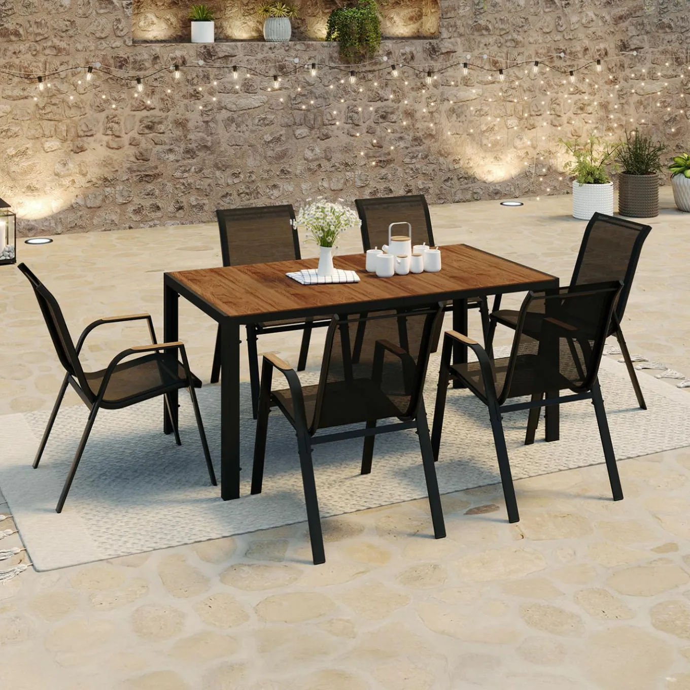 IDMarket Salon de jardin noir et bois avec table 150 cm plateau verre trempé effet bois et 6 chaises empilables* Salons De Jardin