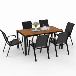 IDMarket Salon de jardin noir et bois avec table 150 cm plateau verre trempé effet bois et 6 chaises empilables* Salons De Jardin