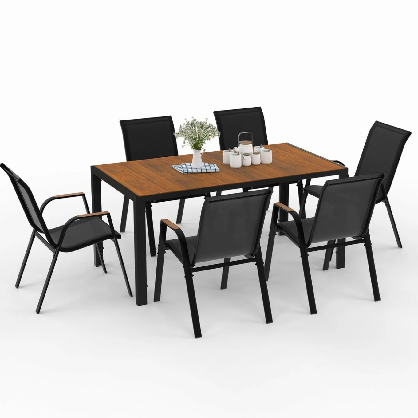 IDMarket Salon de jardin noir et bois avec table 150 cm plateau verre trempé effet bois et 6 chaises empilables* Salons De Jardin