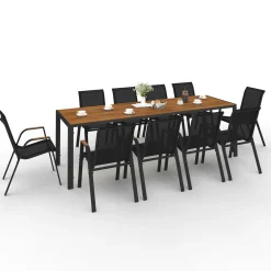 IDMarket Salon de jardin noir et bois table de jardin 240 cm avec 10 chaises empilables* Salons De Jardin