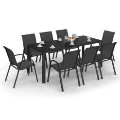 IDMarket Salon de jardin noir table 190 cm et 8 chaises empilables* Salons De Jardin