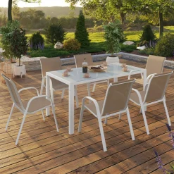 IDMarket Salon de jardin 6 personnes chaises empilables blanc et beige table 150 cm* Salons De Jardin