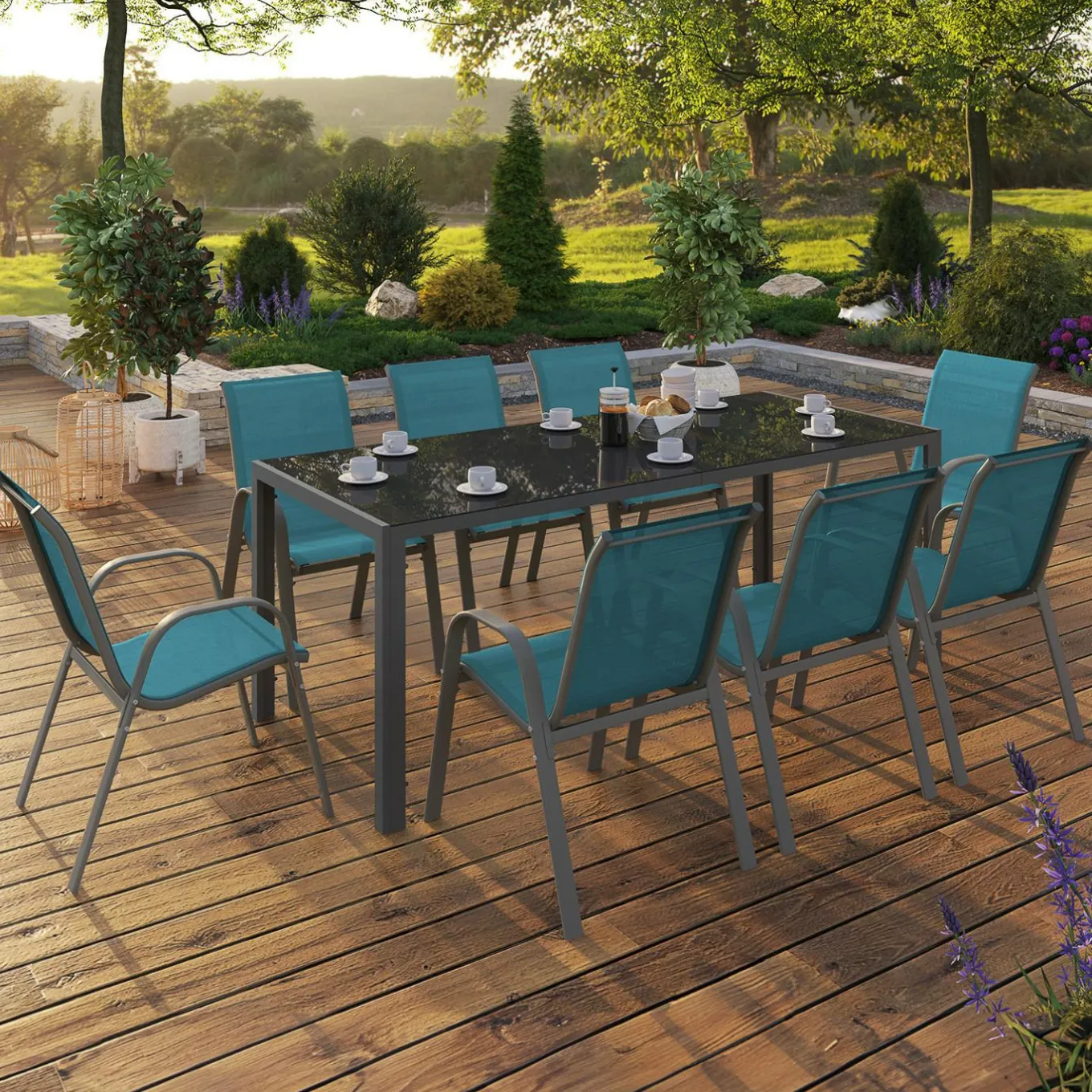 IDMarket Salon de jardin table 190 cm et 8 chaises empilables bleu canard* Salons De Jardin