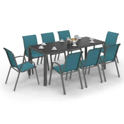 IDMarket Salon de jardin table 190 cm et 8 chaises empilables bleu canard* Salons De Jardin