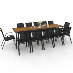 IDMarket Salon de jardin table extensible avec plateau verre trempé effet bois et chaises empilables* Salons De Jardin