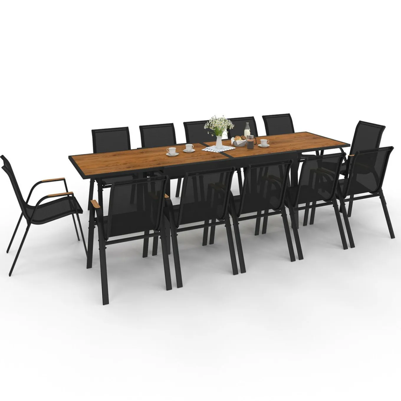 IDMarket Salon de jardin table extensible avec plateau verre trempé effet bois et chaises empilables* Salons De Jardin