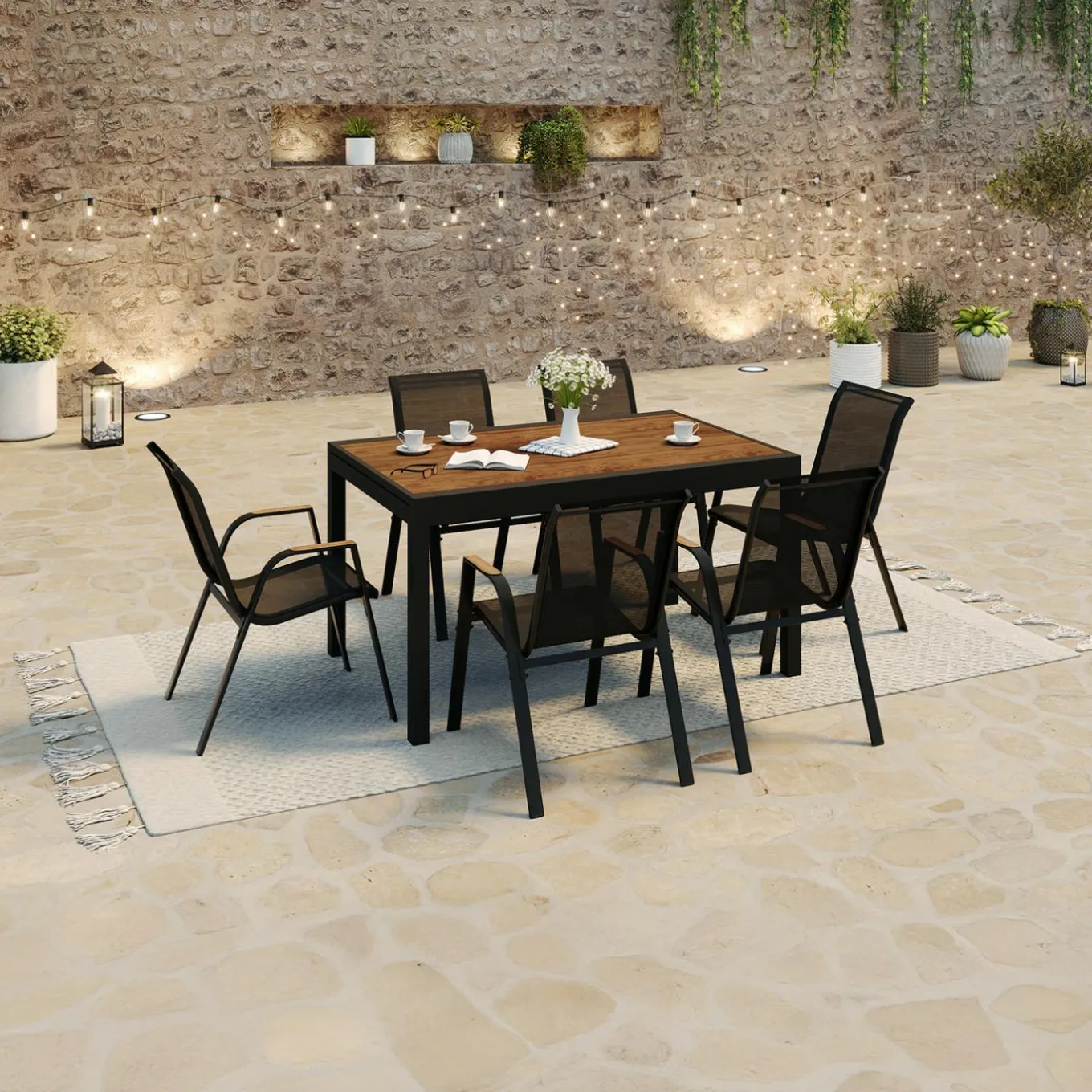 IDMarket Salon de jardin table extensible avec plateau verre trempé effet bois et chaises empilables* Salons De Jardin