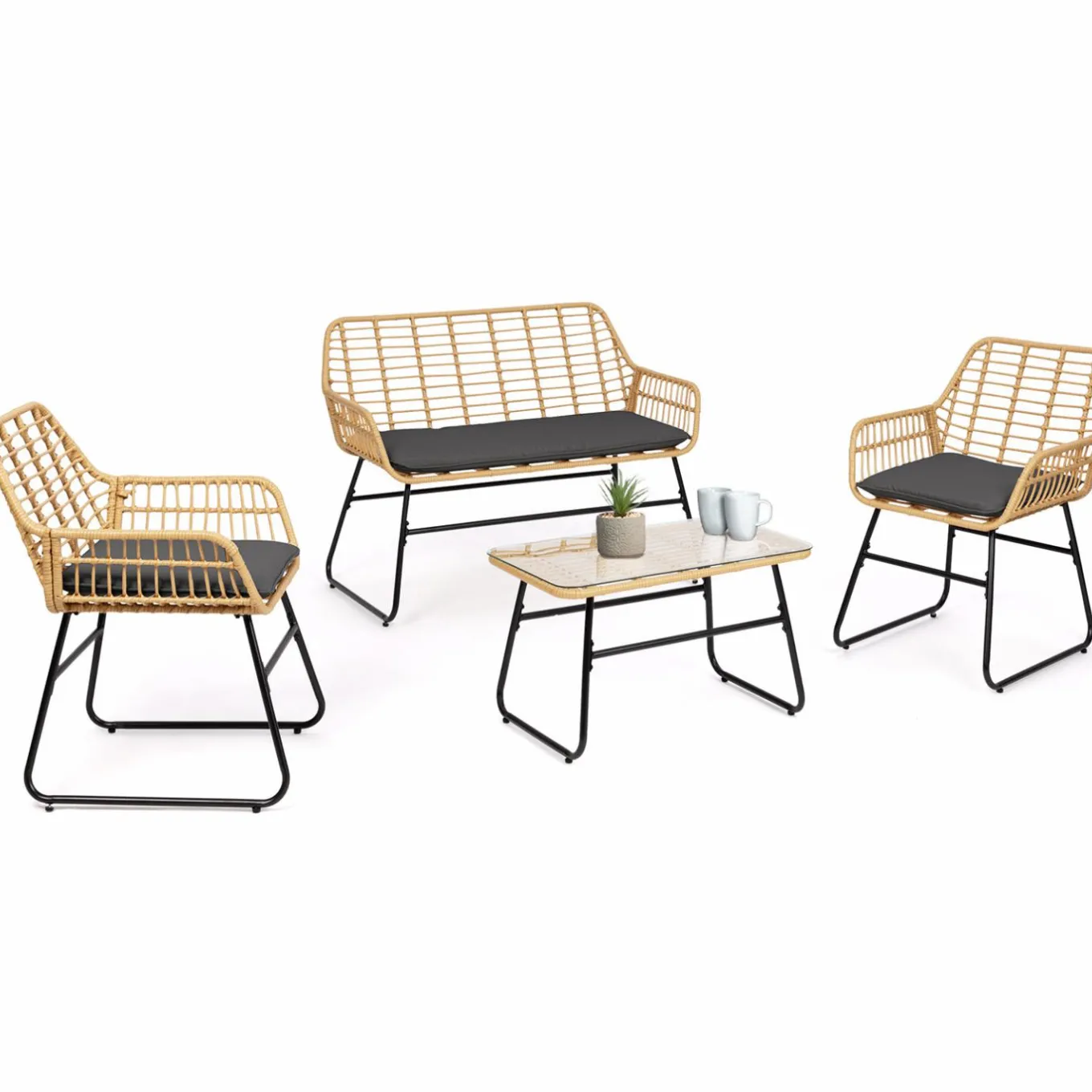 IDMarket Salon d’extérieur en résine tressée façon rotin et acier noir* Salons De Jardin