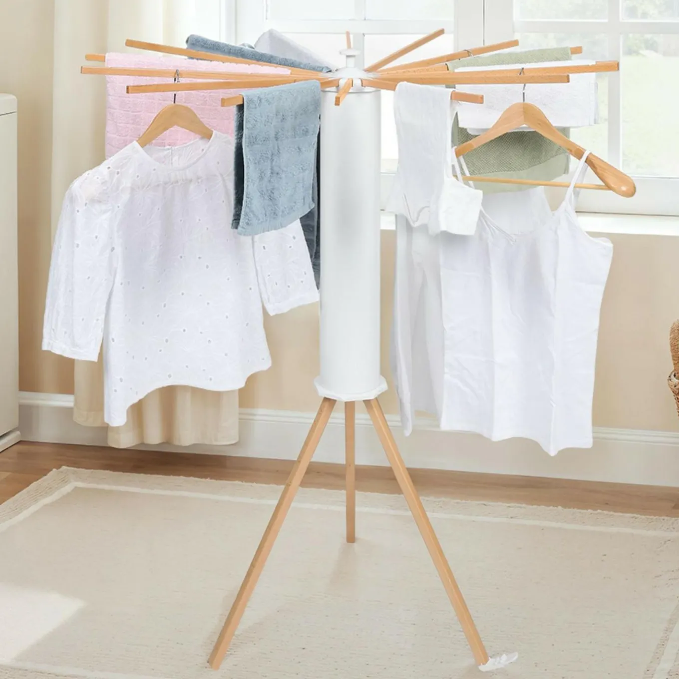 IDMarket Séchoir à linge à rayons rotatif et pliable blanc et bois* Séchoirs À Linge