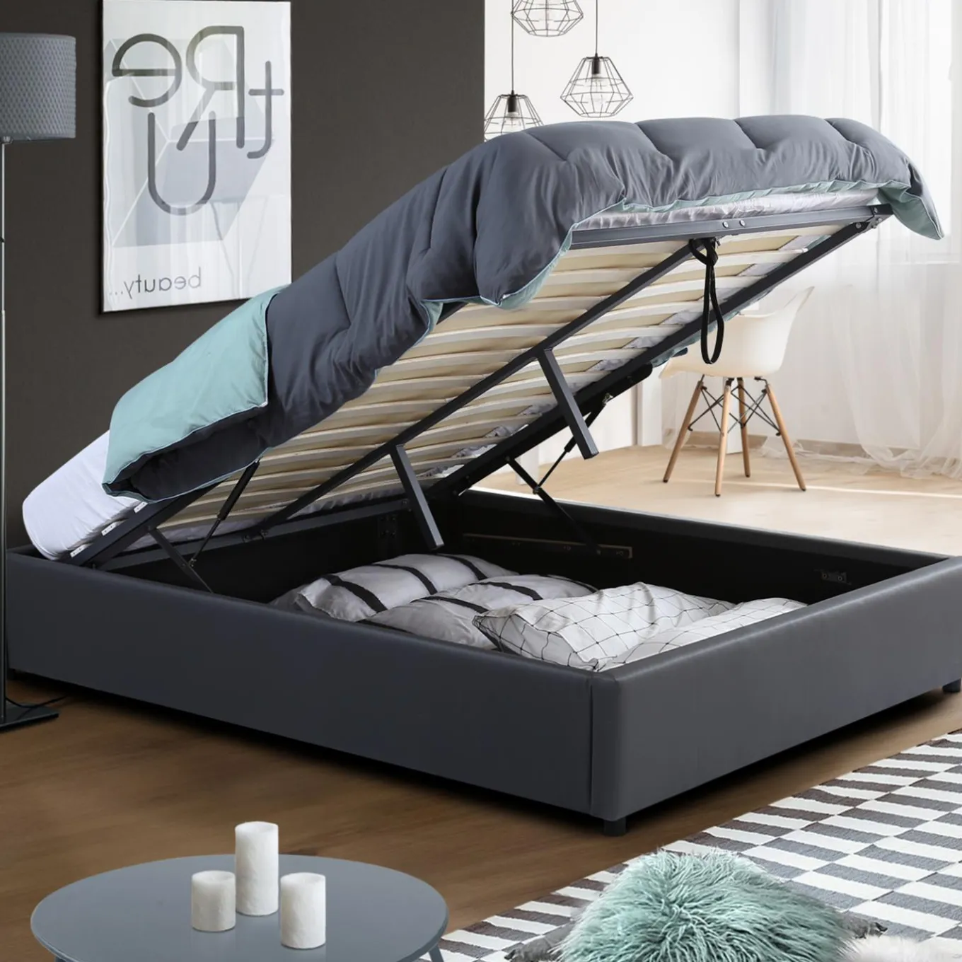 IDMarket Sommier coffre de rangement 160x200 cm gris* Collection Contemporaine|Chambre Complète Adulte
