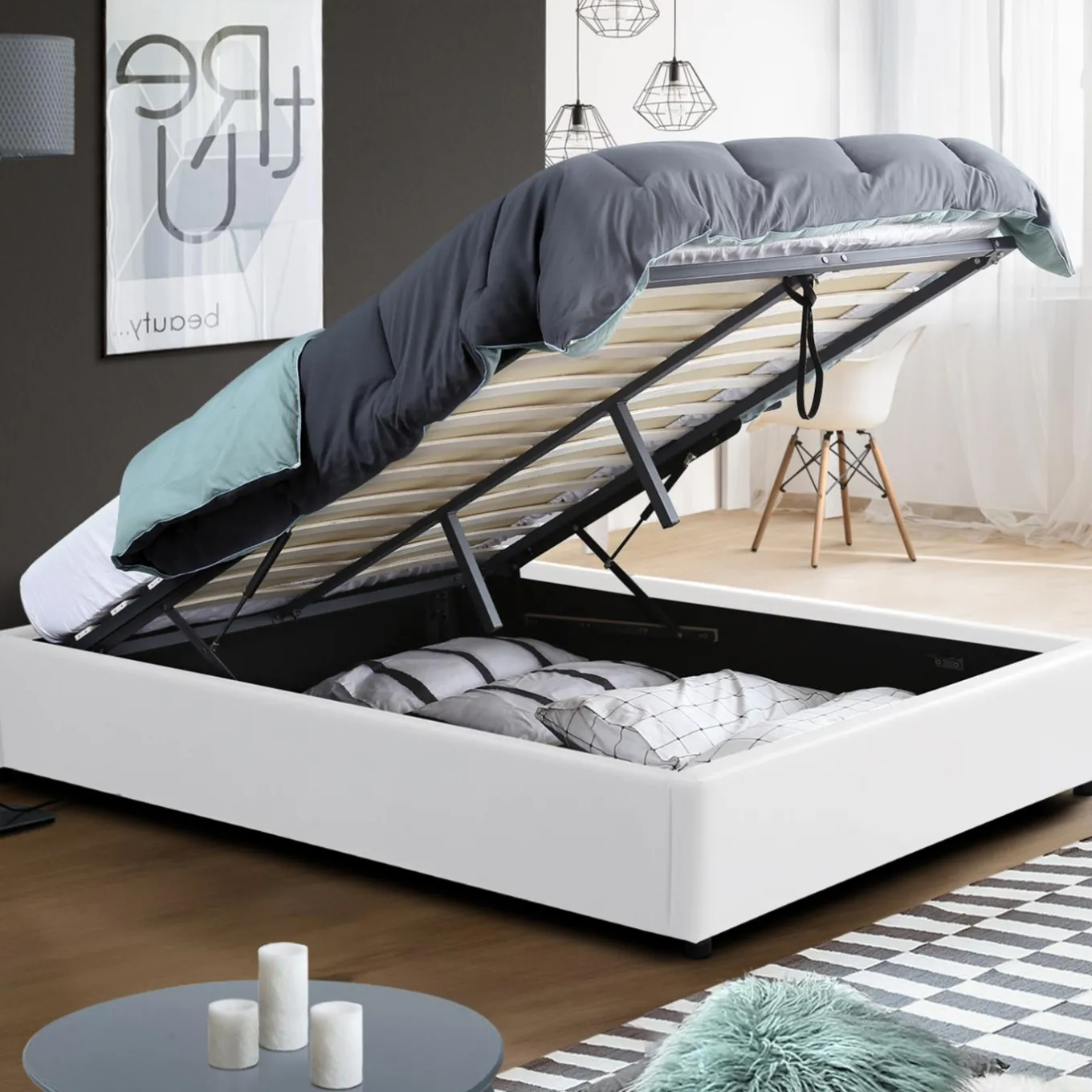 IDMarket Sommier coffre de rangement 140x190 cm blanc* Collection Contemporaine|Chambre Complète Adulte