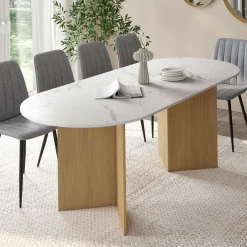 IDMarket Table à manger extensible ovale MARTHE 6 -10 personnes plateau marbre blanc ALASKA et bois façon hêtre 160-200 cm* Tables