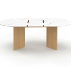 IDMarket Table à manger extensible ovale MARTHE 6 -10 personnes plateau marbre blanc ALASKA et bois façon hêtre 160-200 cm* Tables