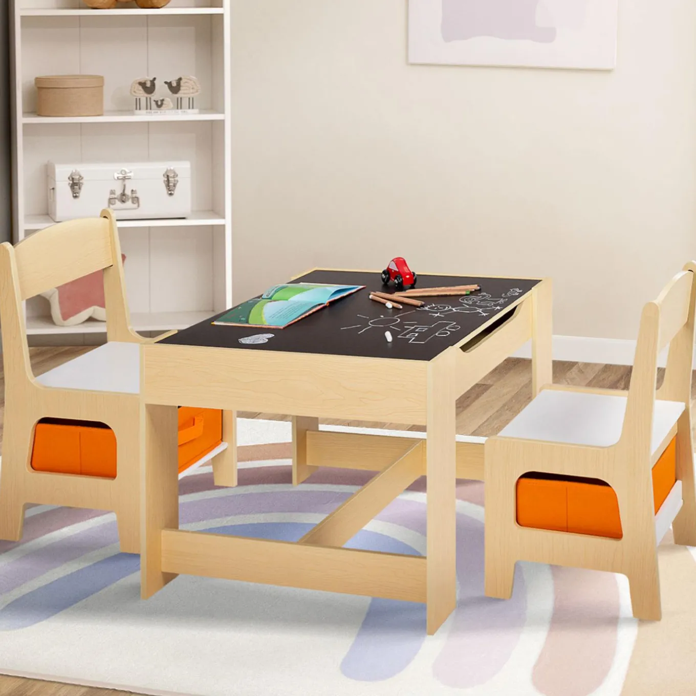 IDMarket Table à dessin réversible pour enfant avec 2 chaises et bacs de rangement*Enfant Meubles En Bois|Meubles Rangement Jouet