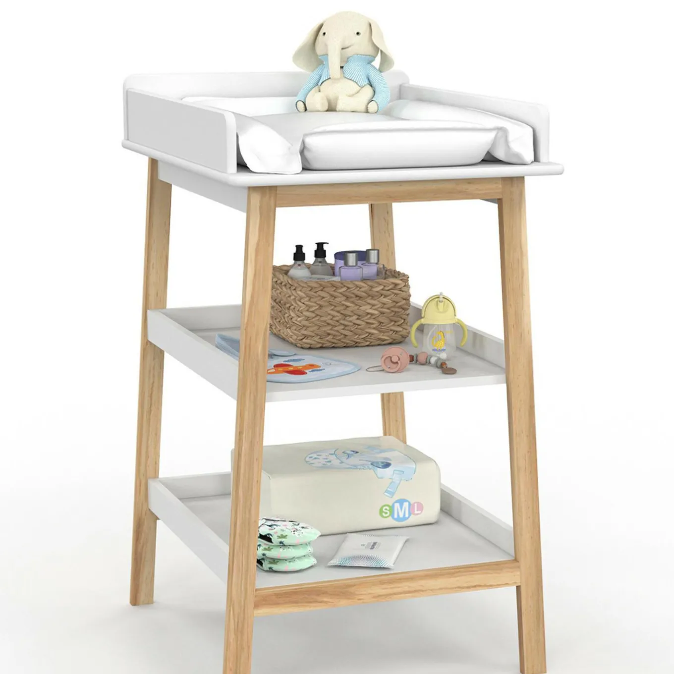 IDMarket Table à langer avec 2 étagères façon hêtre et blanc*Enfant Meubles Blancs|Meubles En Bois
