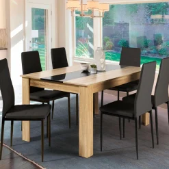IDMarket Table à manger 6 personnes imitation hêtre et noire* Meubles En Bois|Collection Contemporaine