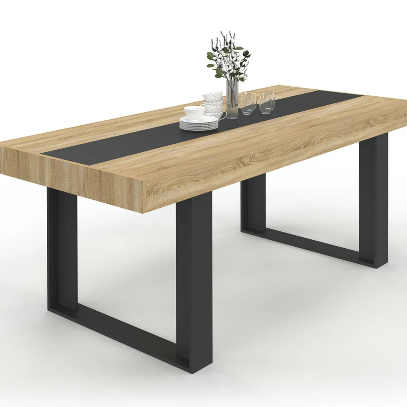 IDMarket Table à manger 10 personnes en bois avec bande centrale noire* Meubles En Bois|Collection Design