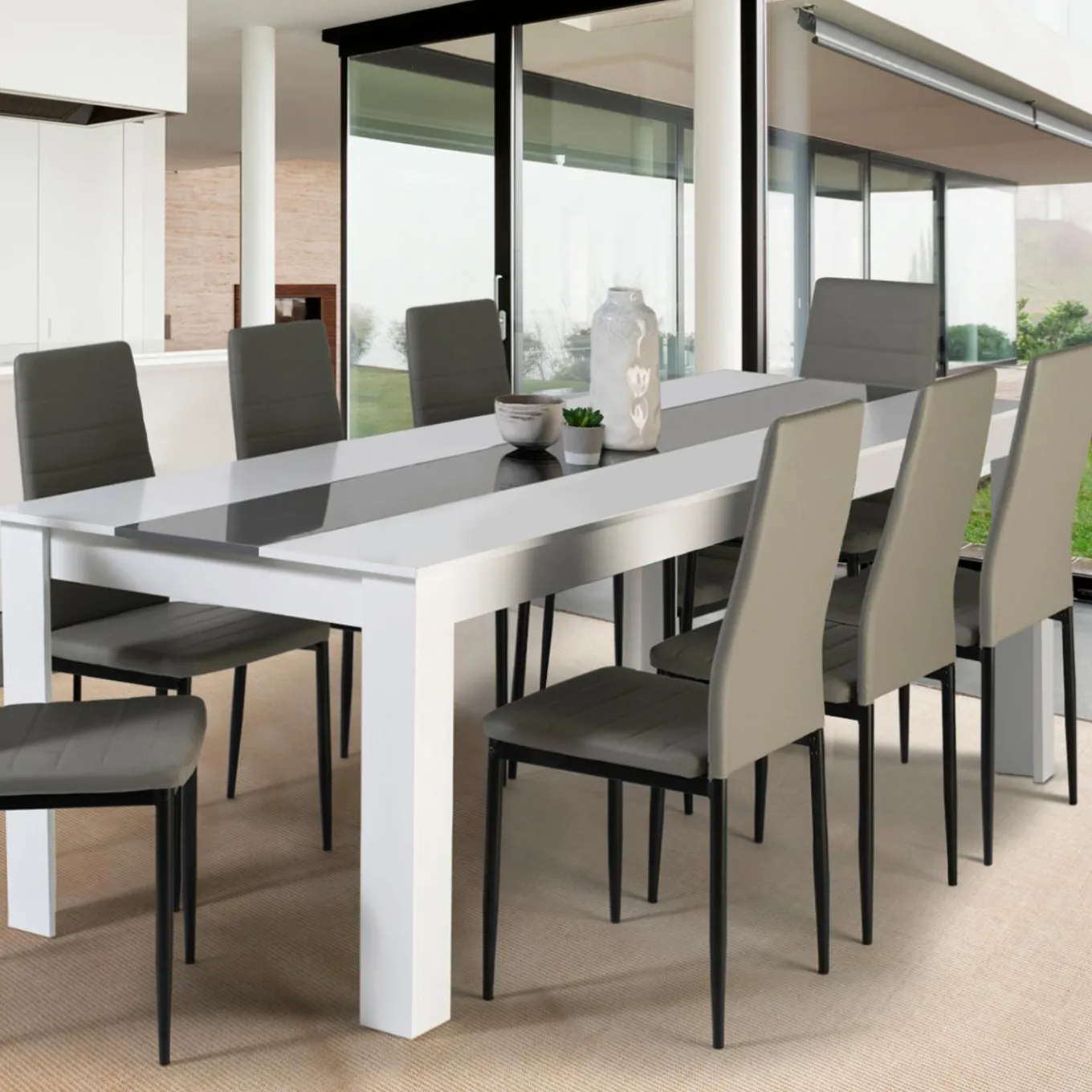 IDMarket Table à manger 8 personnes blanche et grise* Meubles Blancs|Collection Contemporaine