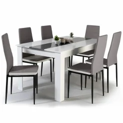 IDMarket Table à manger blanche et grise 140 cm avec 6 chaises grises liseré blanc* Meubles Blancs|Collection Contemporaine