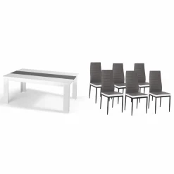 IDMarket Table à manger blanche et grise 140 cm avec 6 chaises grises liseré blanc* Meubles Blancs|Collection Contemporaine