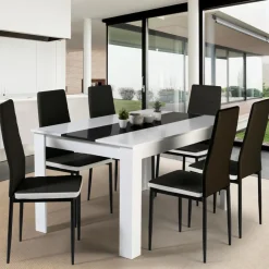 IDMarket Table à manger blanche et noire 140 cm et 6 chaises noires liseré blanc* Meubles Blancs|Collection Contemporaine
