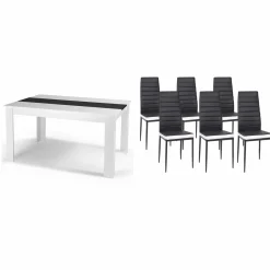 IDMarket Table à manger blanche et noire 140 cm et 6 chaises noires liseré blanc* Meubles Blancs|Collection Contemporaine