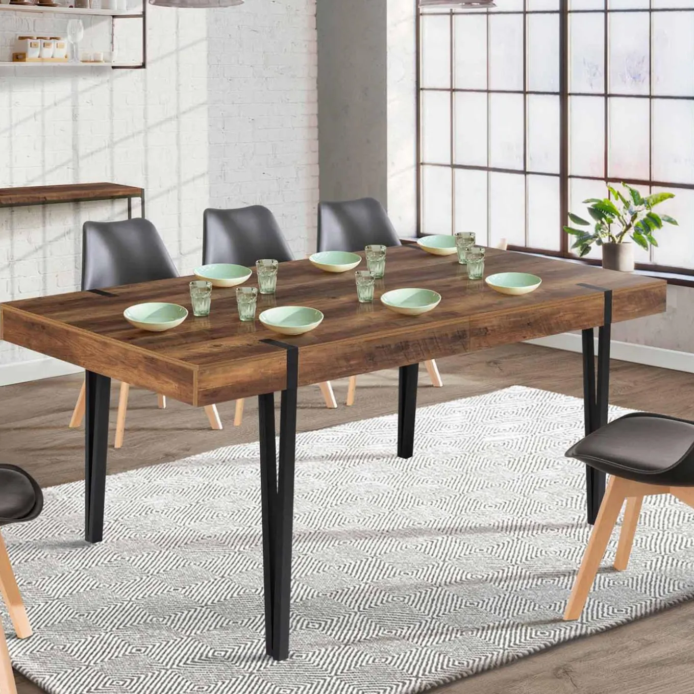 IDMarket Table à manger bois foncé extensible 6-10 personnes avec pied épingle* Collection Vintage|Collection Industrielle