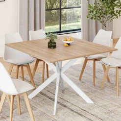 IDMarket Table à manger carrée 110 cm 8 personnes plateau en bois avec pied araignée en métal blanc* Collection Industrielle|Salle À Manger Complète