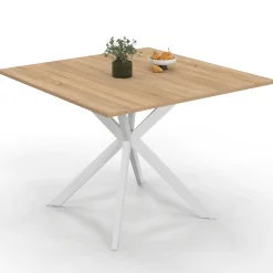 IDMarket Table à manger carrée 110 cm 8 personnes plateau en bois avec pied araignée en métal blanc* Collection Industrielle|Salle À Manger Complète