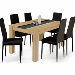 IDMarket Table à manger en bois imitation hêtre et noir 140 cm et 6 chaises noires* Collection Contemporaine|Salle À Manger Complète